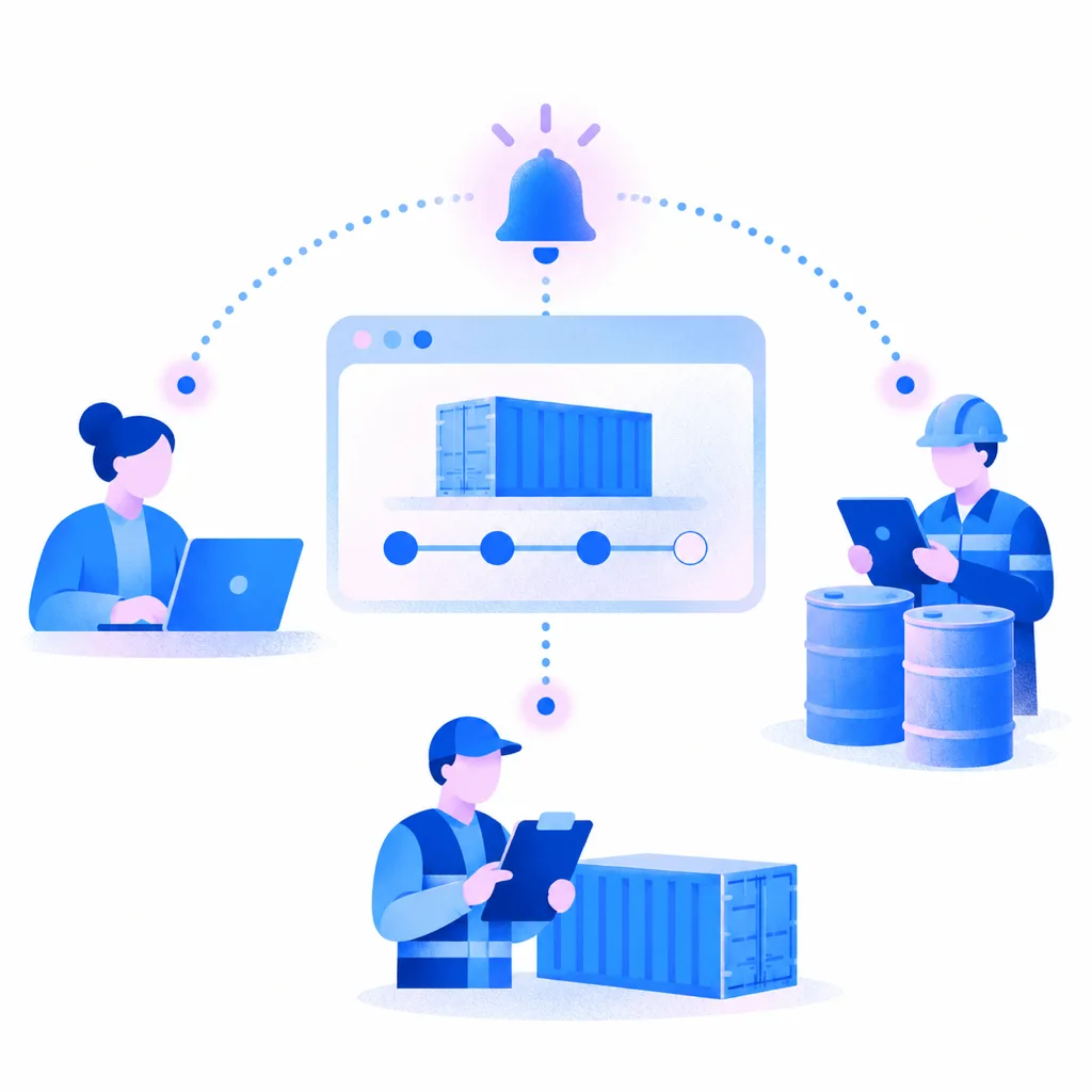Illustration: an alert bell above a shipment panel with a container and its milestone track sends the same alert to three partners: a logistics planner at a laptop, a worker with a tablet beside two chemical drums, and a worker with a clipboard beside a container
