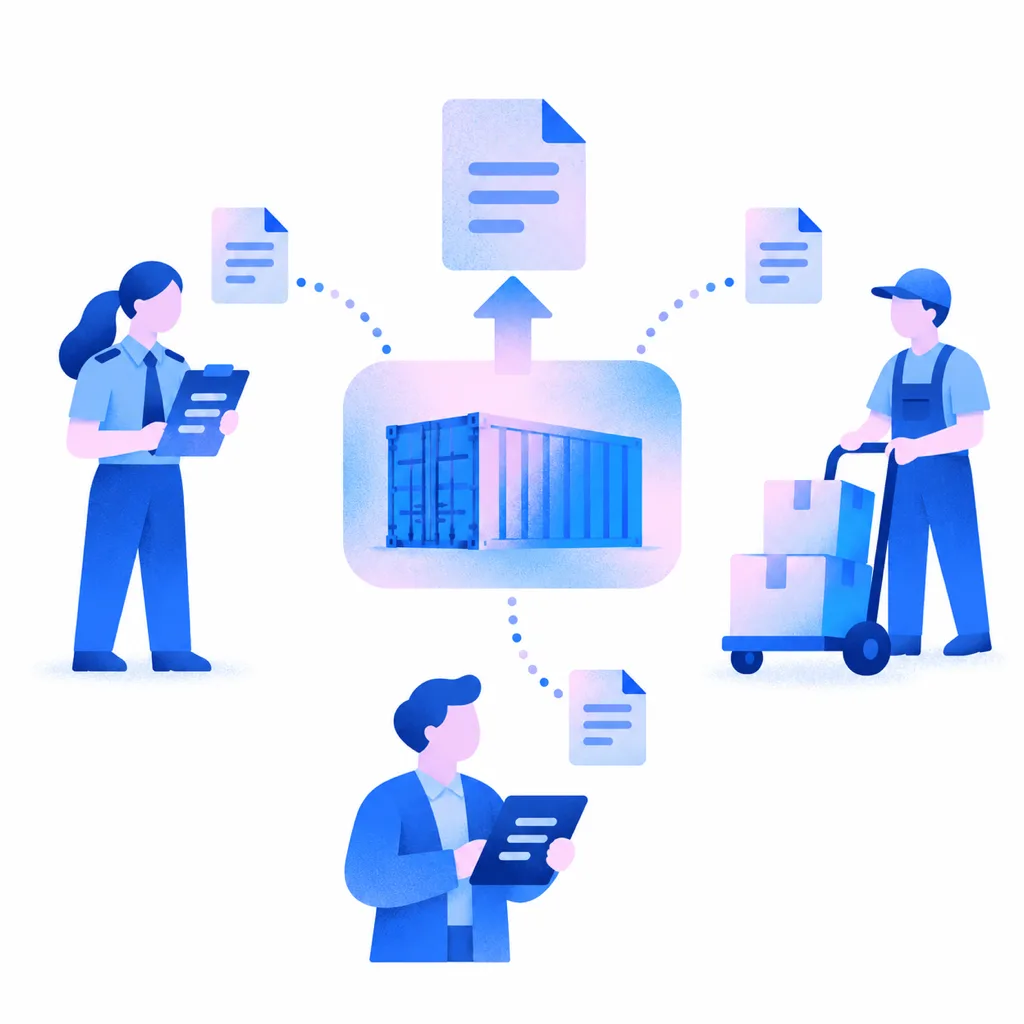 Illustration: one container at the centre sends its documents along dotted lines to a customs officer with a clipboard, a warehouse worker with a hand truck and a consignee with a tablet