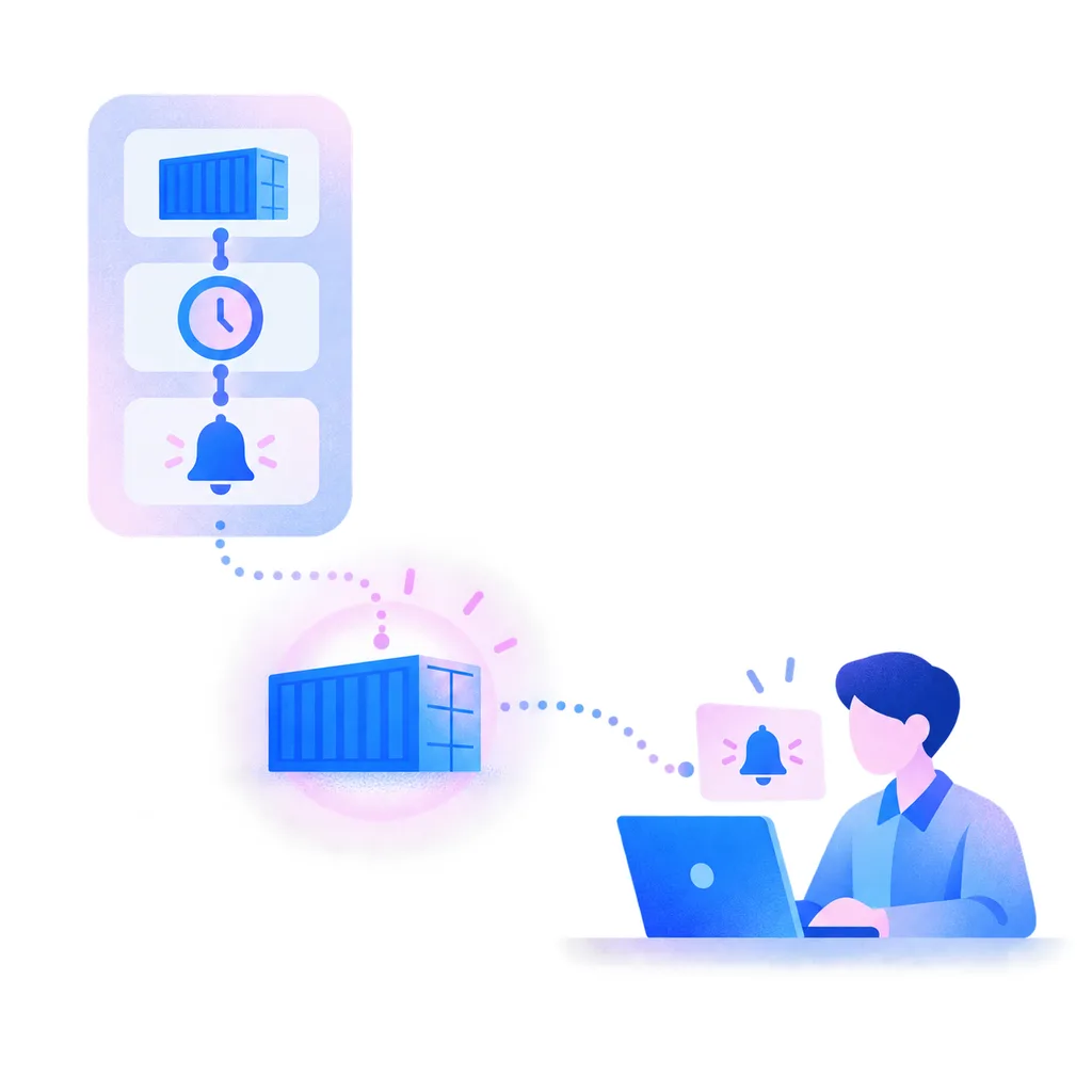 Illustration: a rule of container, clock and bell flags one container, and the alert reaches a planner at a laptop