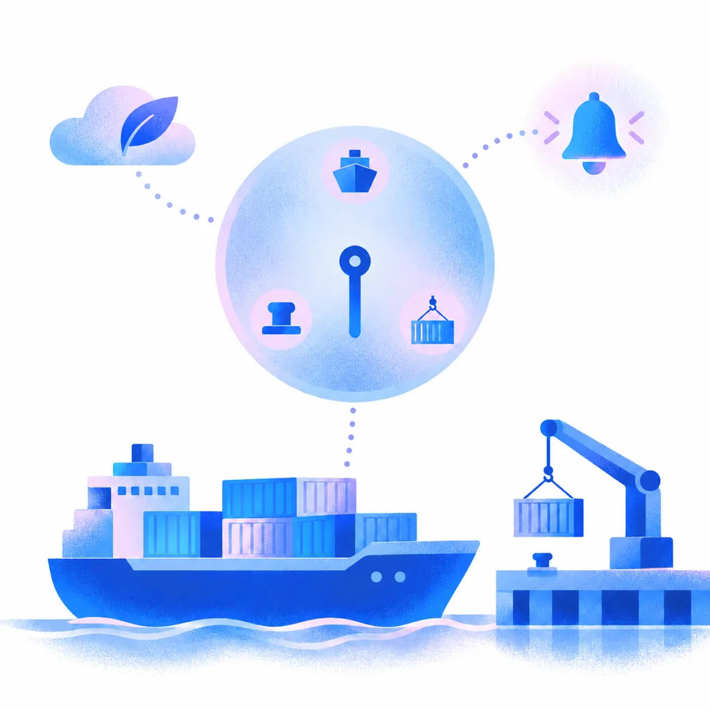Illustration: a ship and a quay crane under a dial with vessel, berth and discharge markers, linked to an alert bell and an emissions cloud